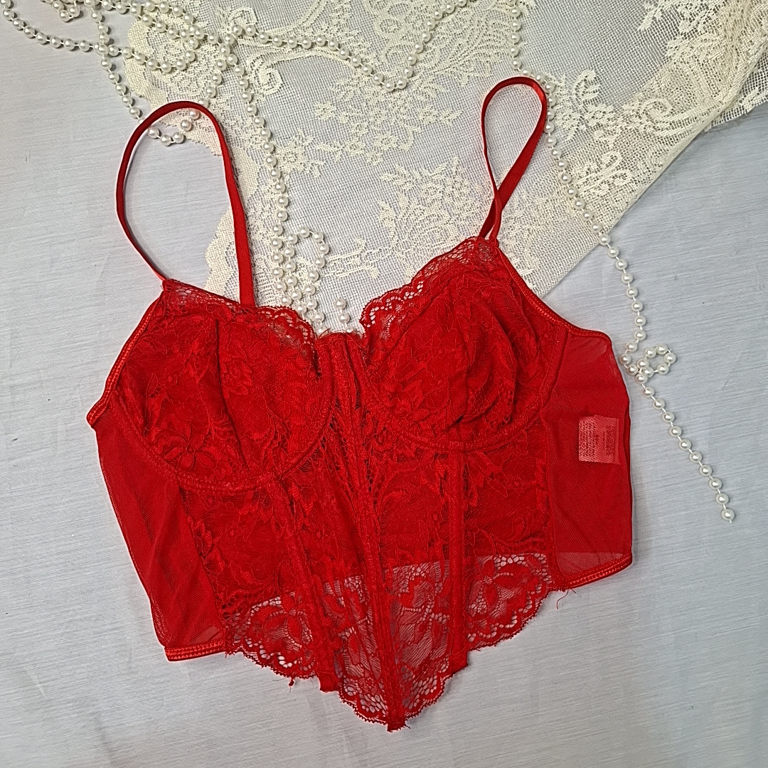 کرست بوستیه توری قرمز طرح کاپ سینه دار